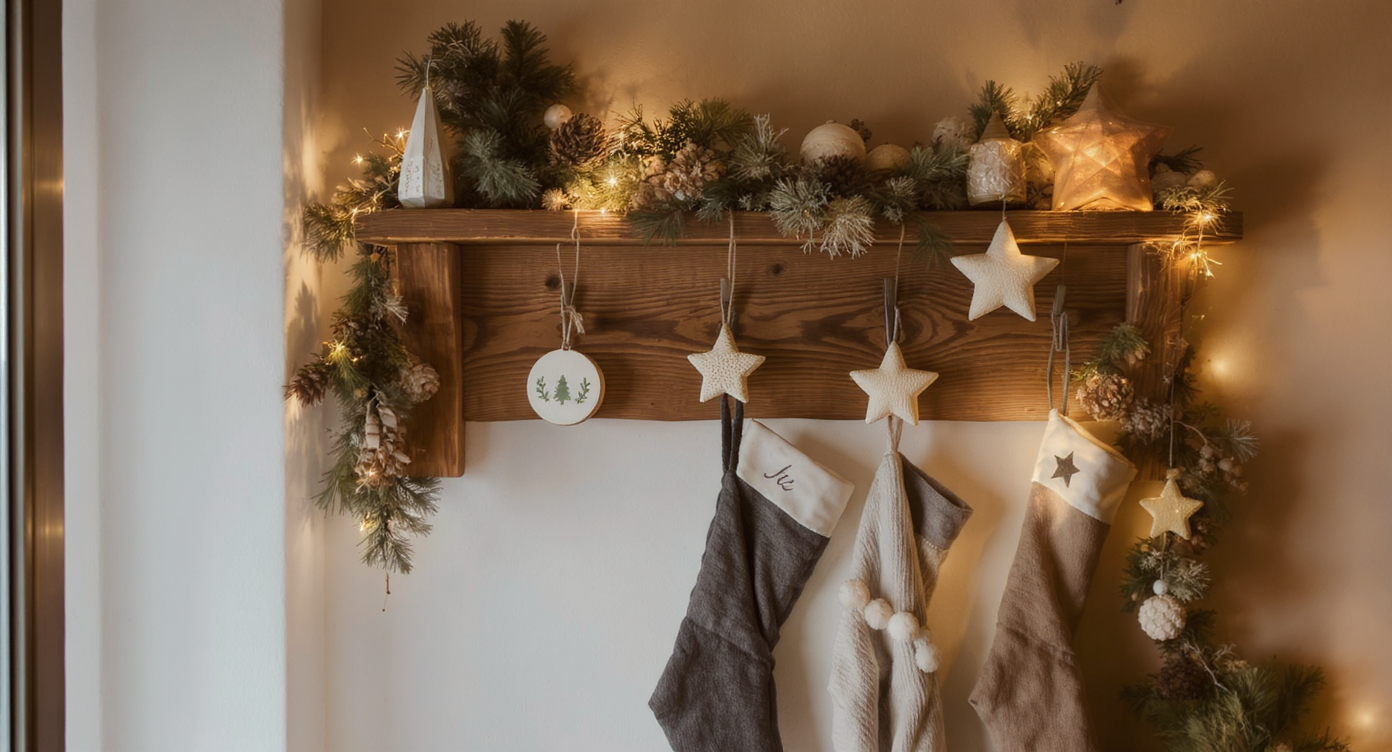 Handmade wooden ornaments, pinecone garlands, and fabric stars decorating a cozy rustic home corner with warm lighting.