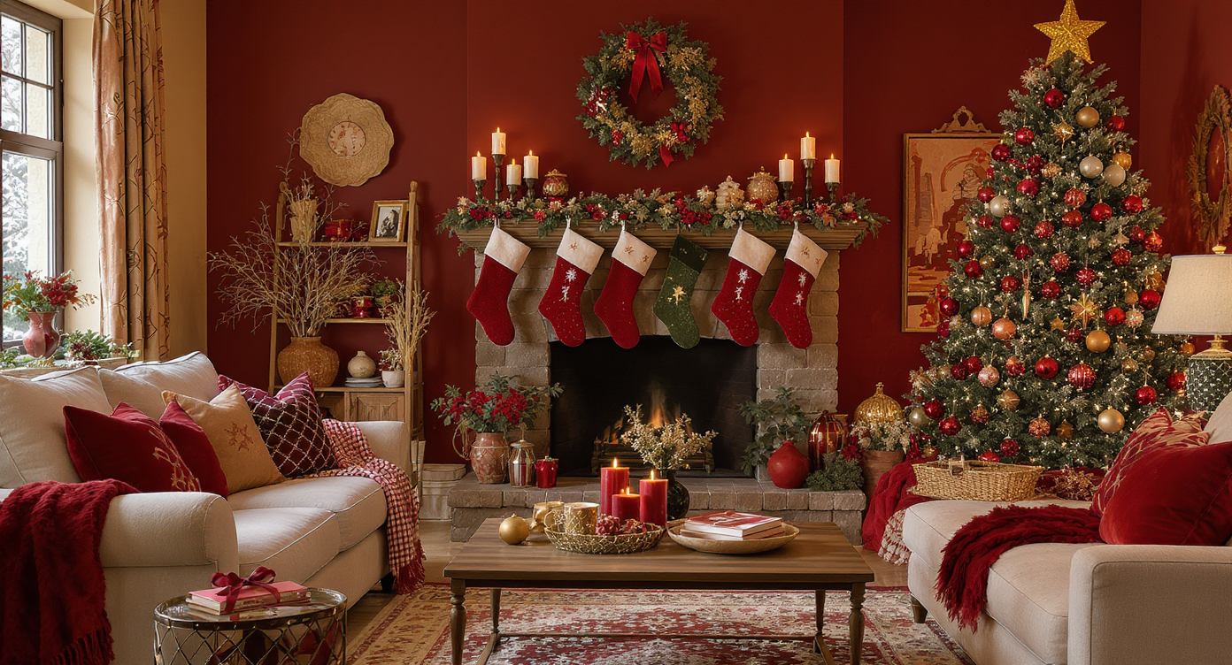 Living room with deep red, forest green, and gold Christmas decor arranged cohesively with matching accents and natural textures.
