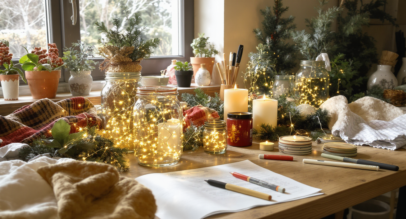 Workspace with repurposed jars, painted cans, and sweater tree skirts transformed into unique Christmas decorations.