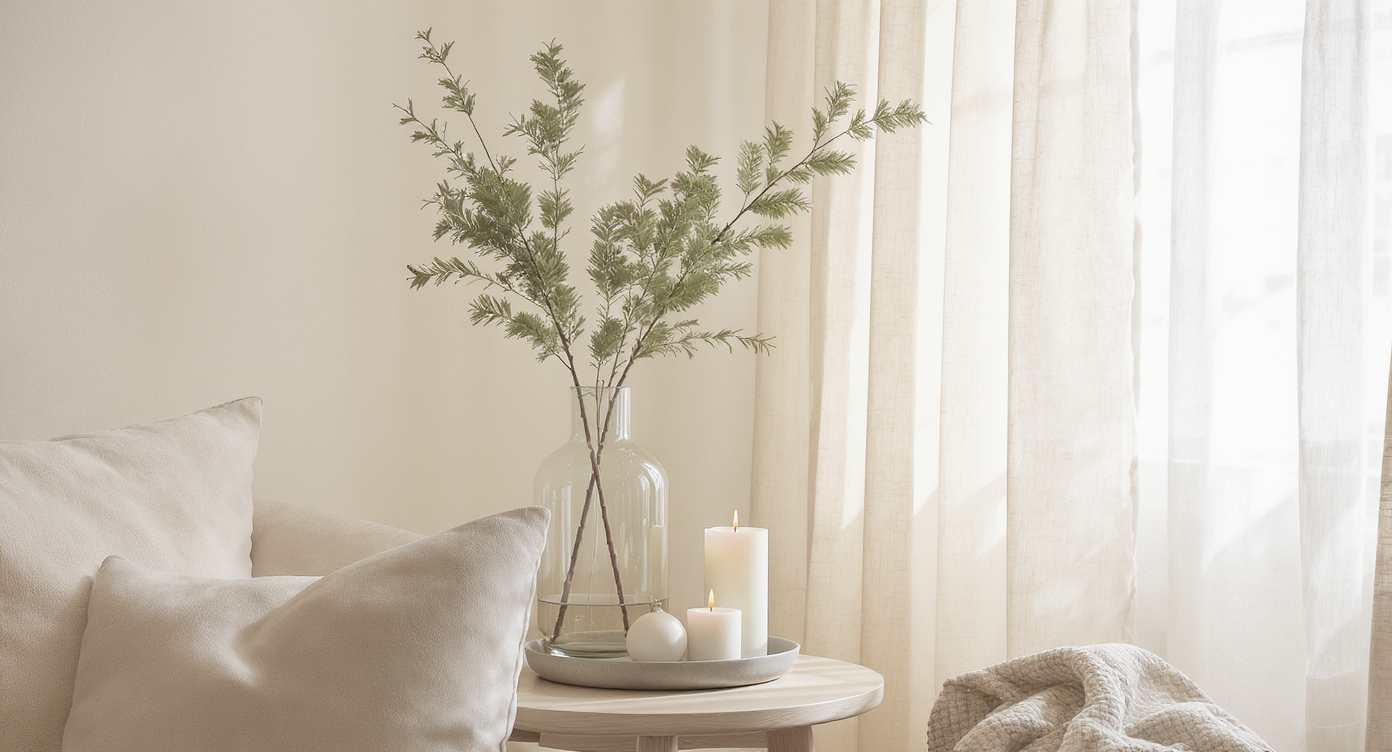 Living room corner with natural evergreen branch, white candles, and an elegant minimalist ornament in soft light.