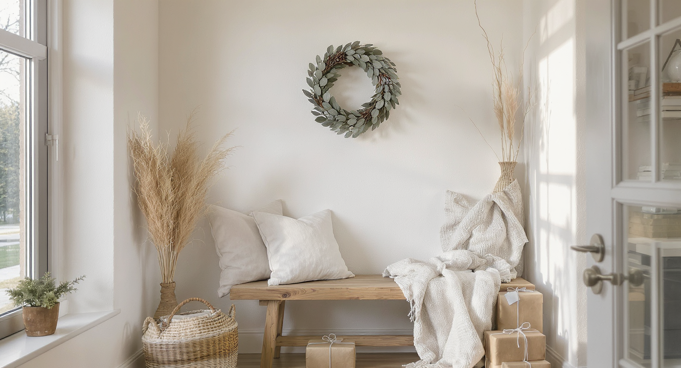 Cozy minimalist holiday entryway with pinecone wreath, wooden bench, and subtle wrapped gifts in natural tones.
