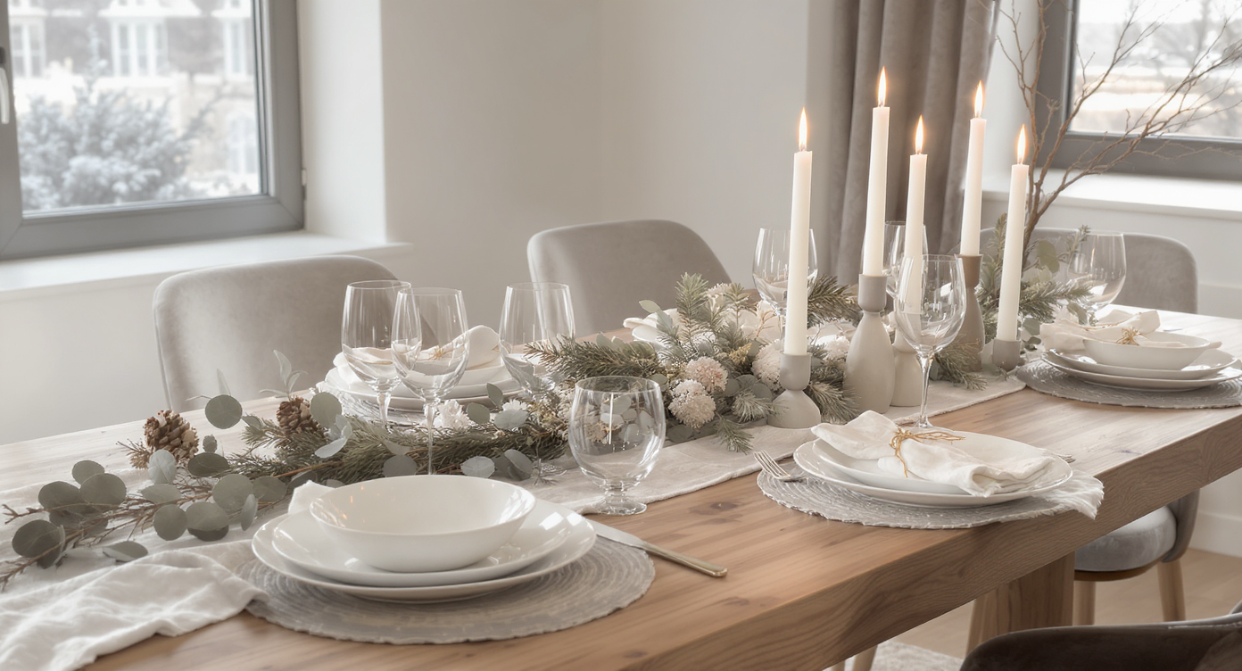 Elegant minimalist holiday dining table set with natural greenery centerpiece and neutral ceramic dishware.