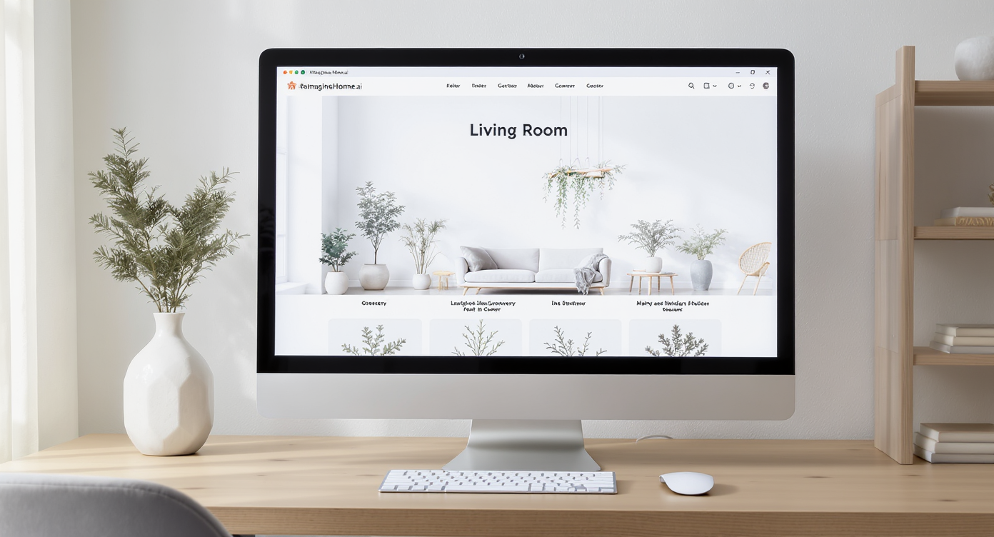 Home office with computer screen showing AI holiday decor visualization, complemented by minimal green sprig on desk.