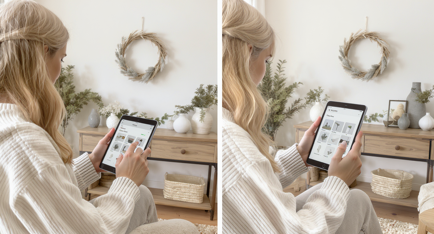 Homeowner using tablet app to select minimalist Christmas decor in a well-lit living room with natural accents.