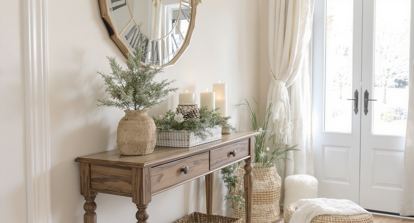 Welcoming winter entryway with evergreen arrangement, candles, natural textures, soft daylight and clean decor.