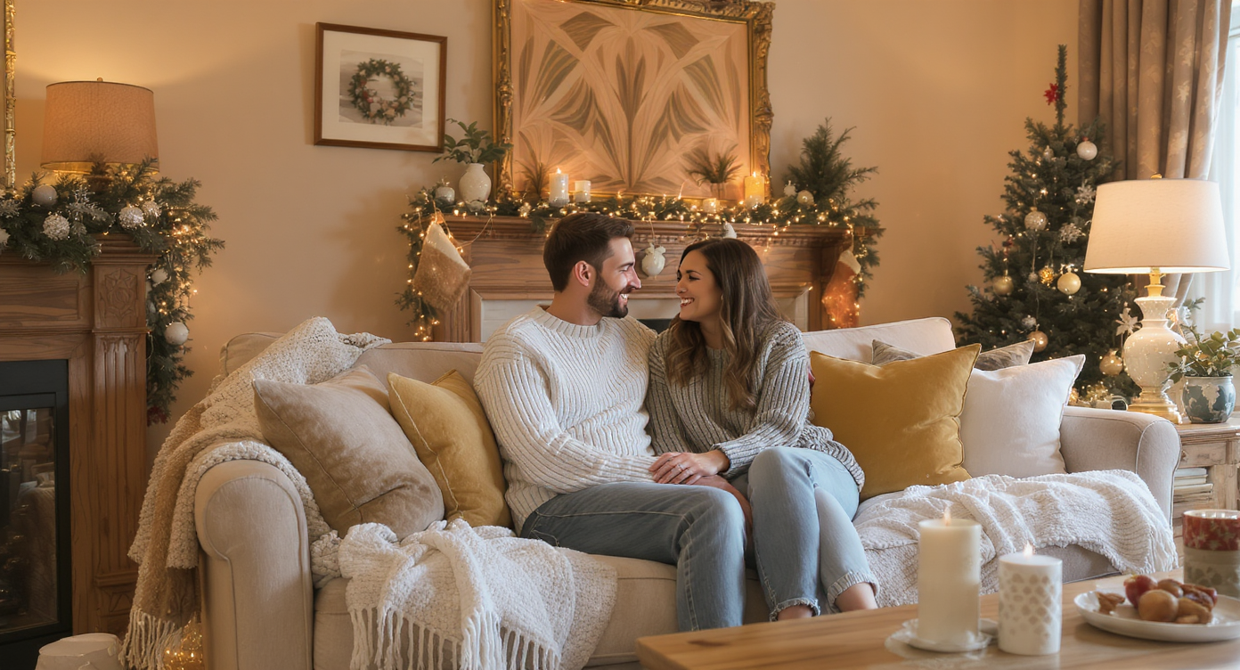 Young couple relaxing in warmly staged living room with subtle holiday decorations and natural textures.