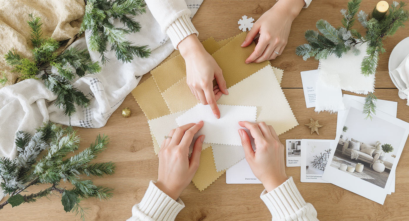 Designer arranging swatches and pine branches on a wooden table for holiday staging planning session.