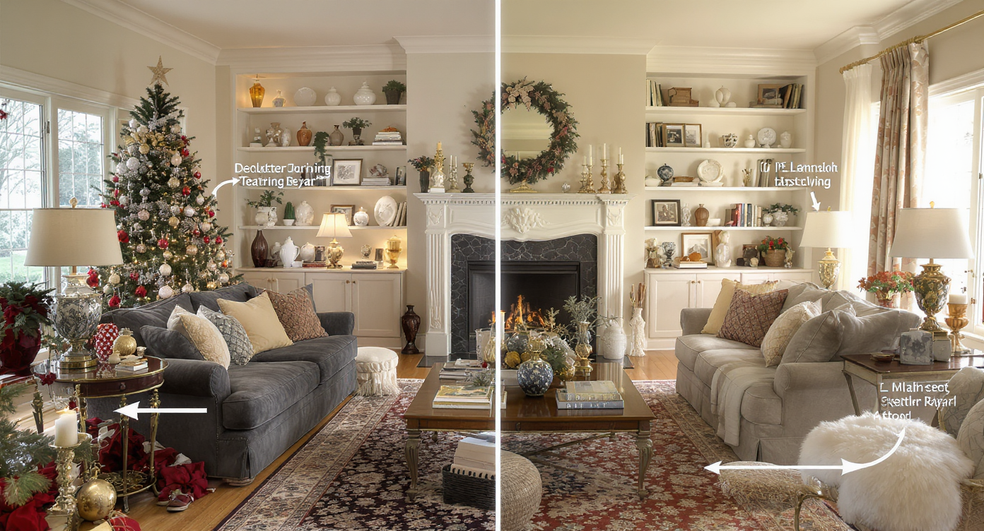 Living room with cluttered holiday décor and harsh lighting illustrating staging mistakes to avoid.