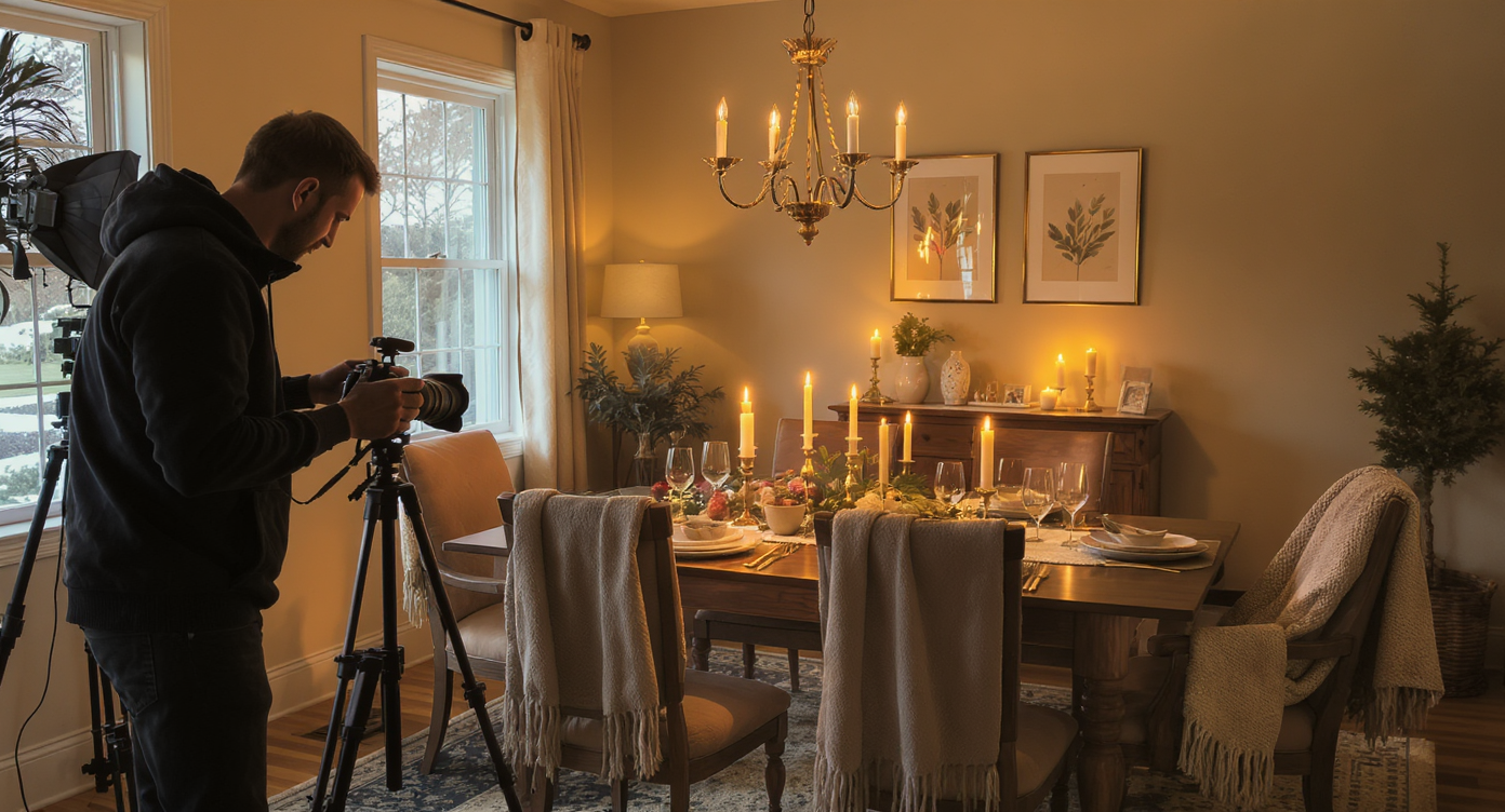 Photographer preparing to shoot a warmly staged dining room with cozy textures and natural holiday accents.