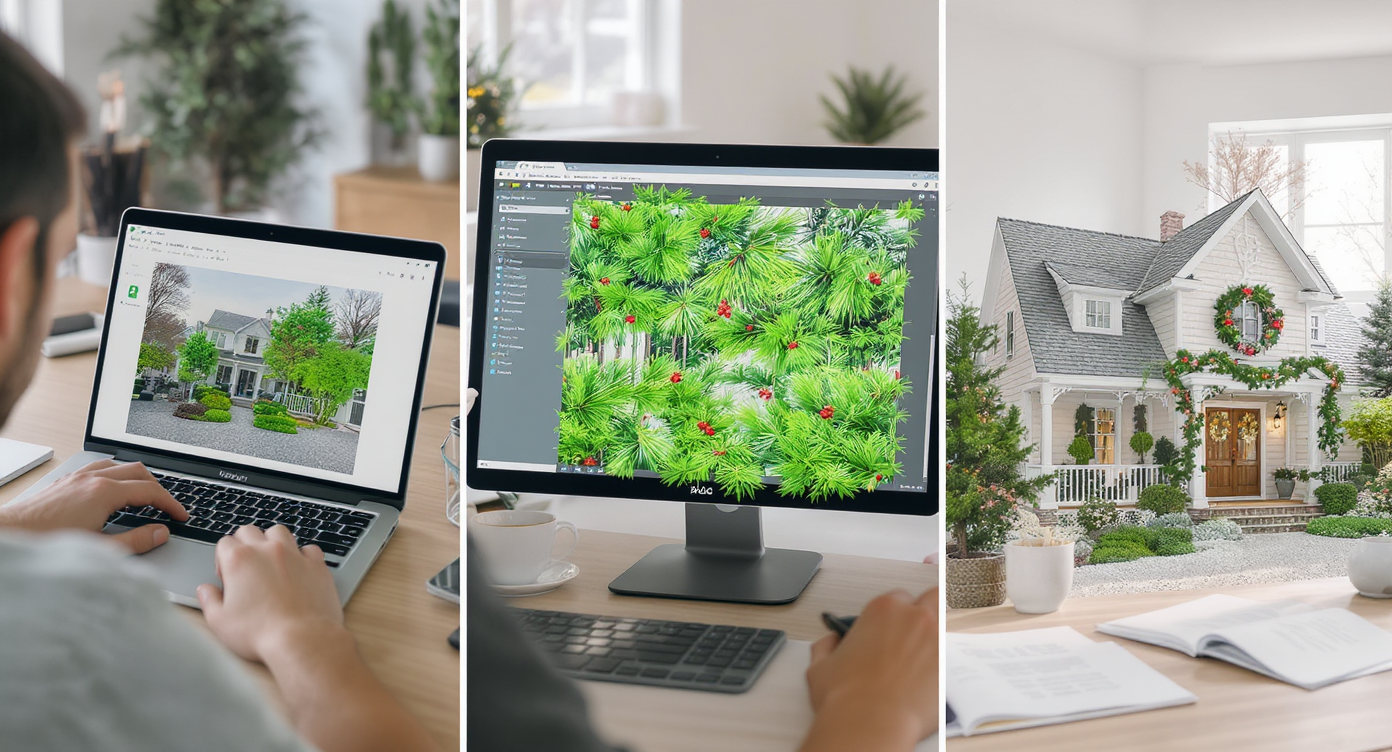 Storyboard of a homeowner using AI software to visualize holiday greenery on home photos in a bright workspace.