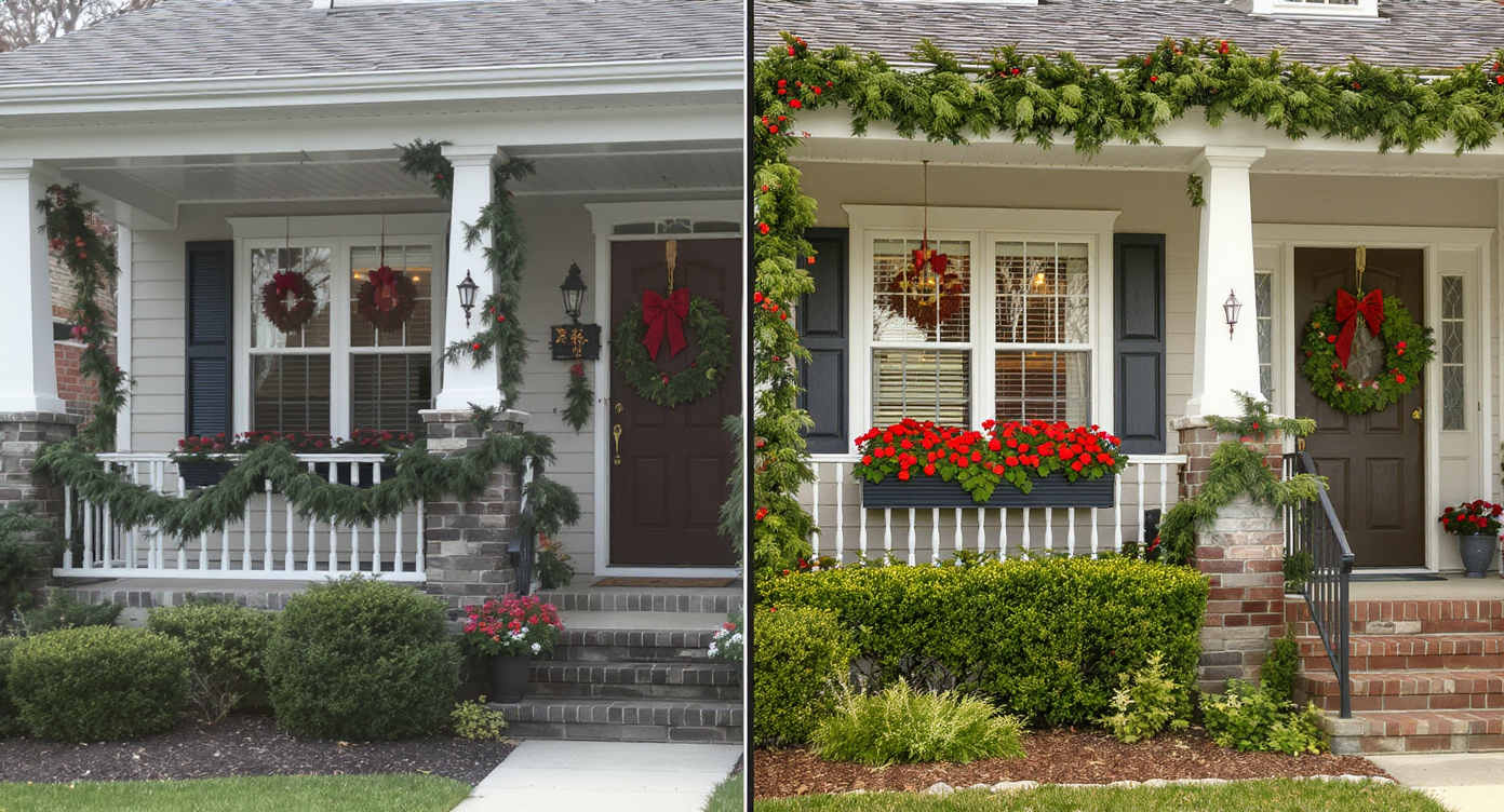 Comparison of home exterior before and after AI-enhanced holiday greenery additions like pine swags and cedar wreaths.