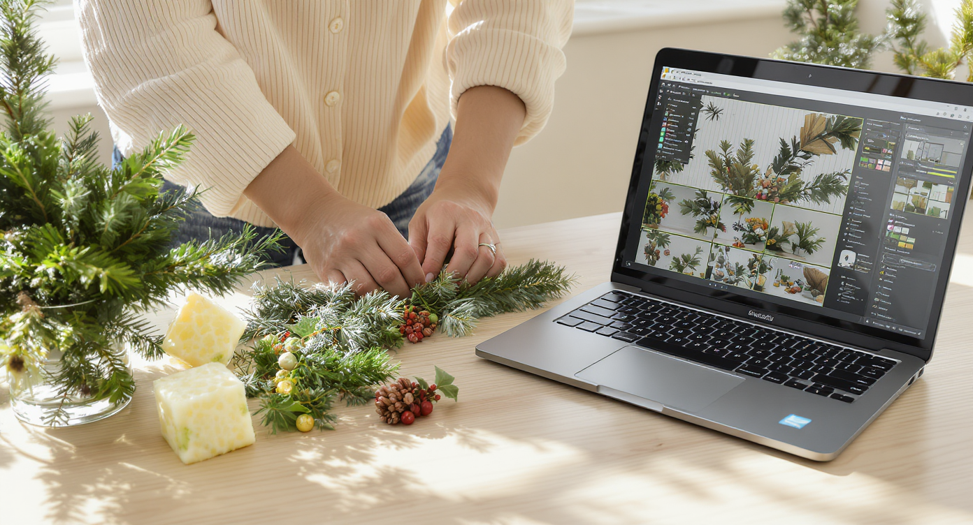 Designer arranging fresh greenery samples near laptop showing AI holiday greenery visuals under natural light.