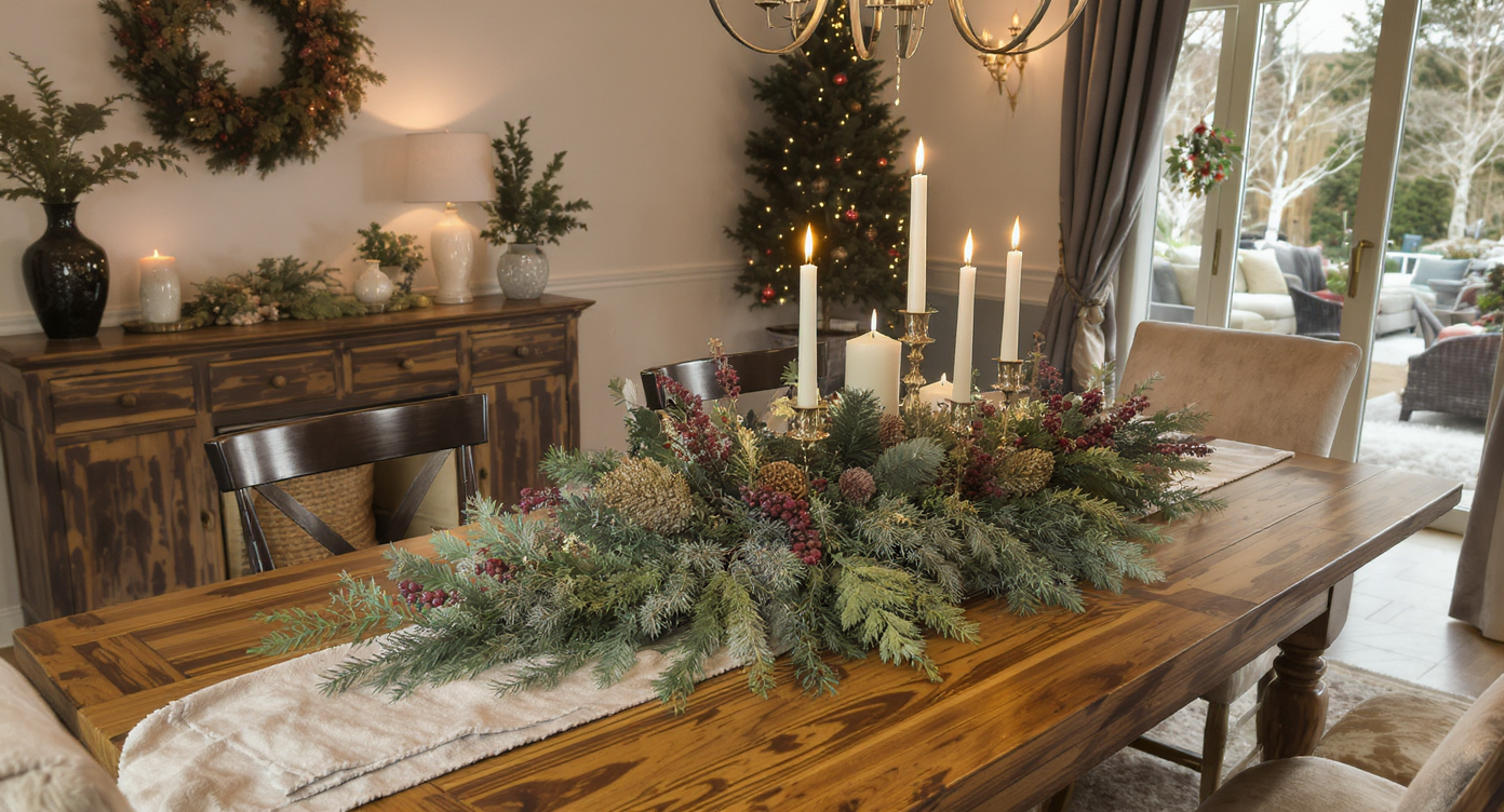 Dining table with a fresh greenery centerpiece of pine, cedar, juniper, and holly berries under soft candlelight.