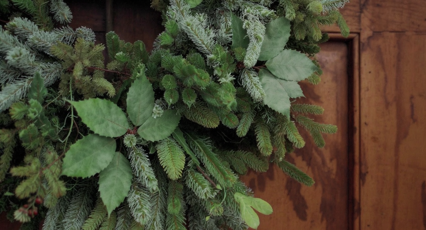 Detailed view of a fresh evergreen wreath with pine, juniper, and holly on a wooden door under daylight.