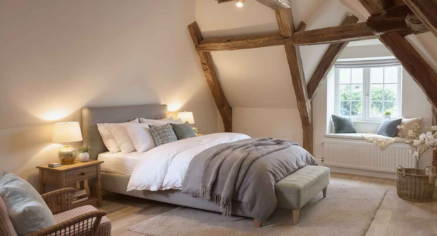 Cozy attic bedroom with exposed beams, soft bedding, layered textiles, recessed lighting, and window seat cushions.