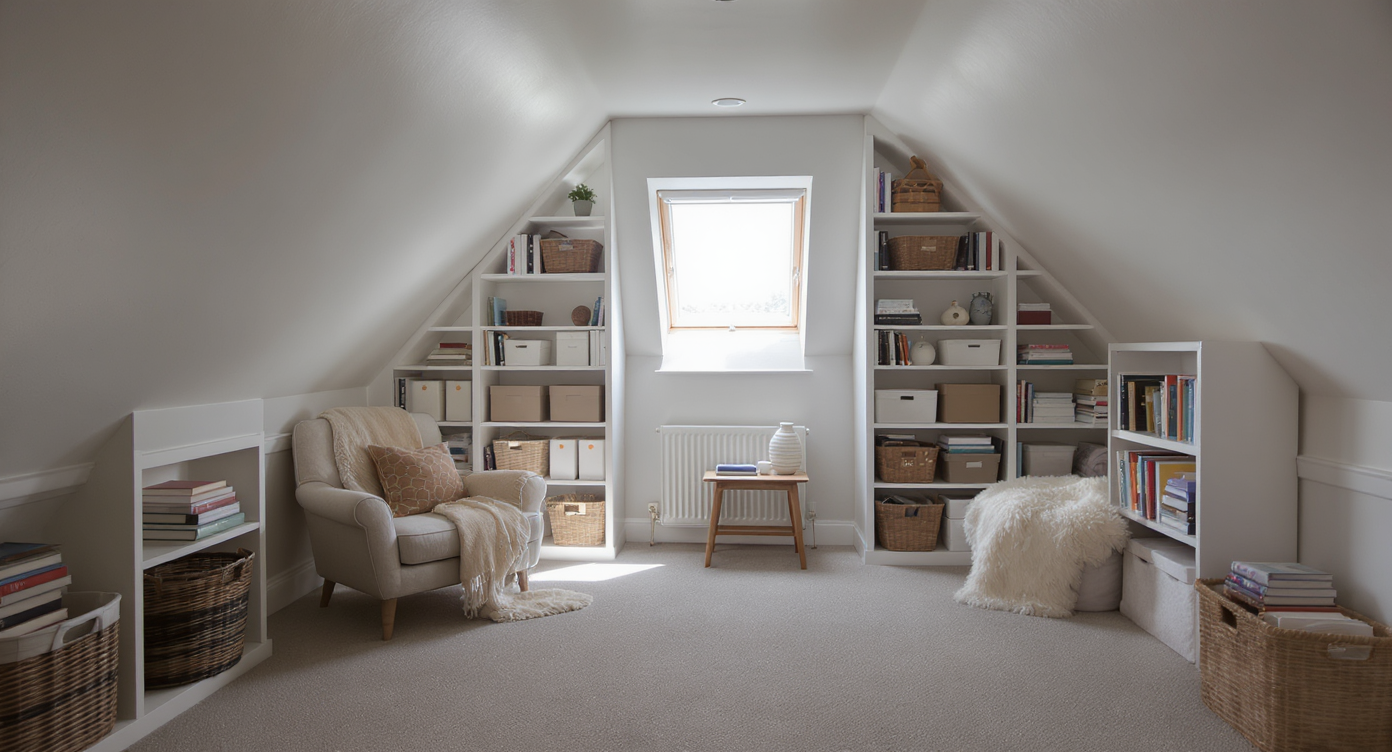 Cozy attic nook with built-in shelves, organized storage, armchair by skylight, bathed in natural light.