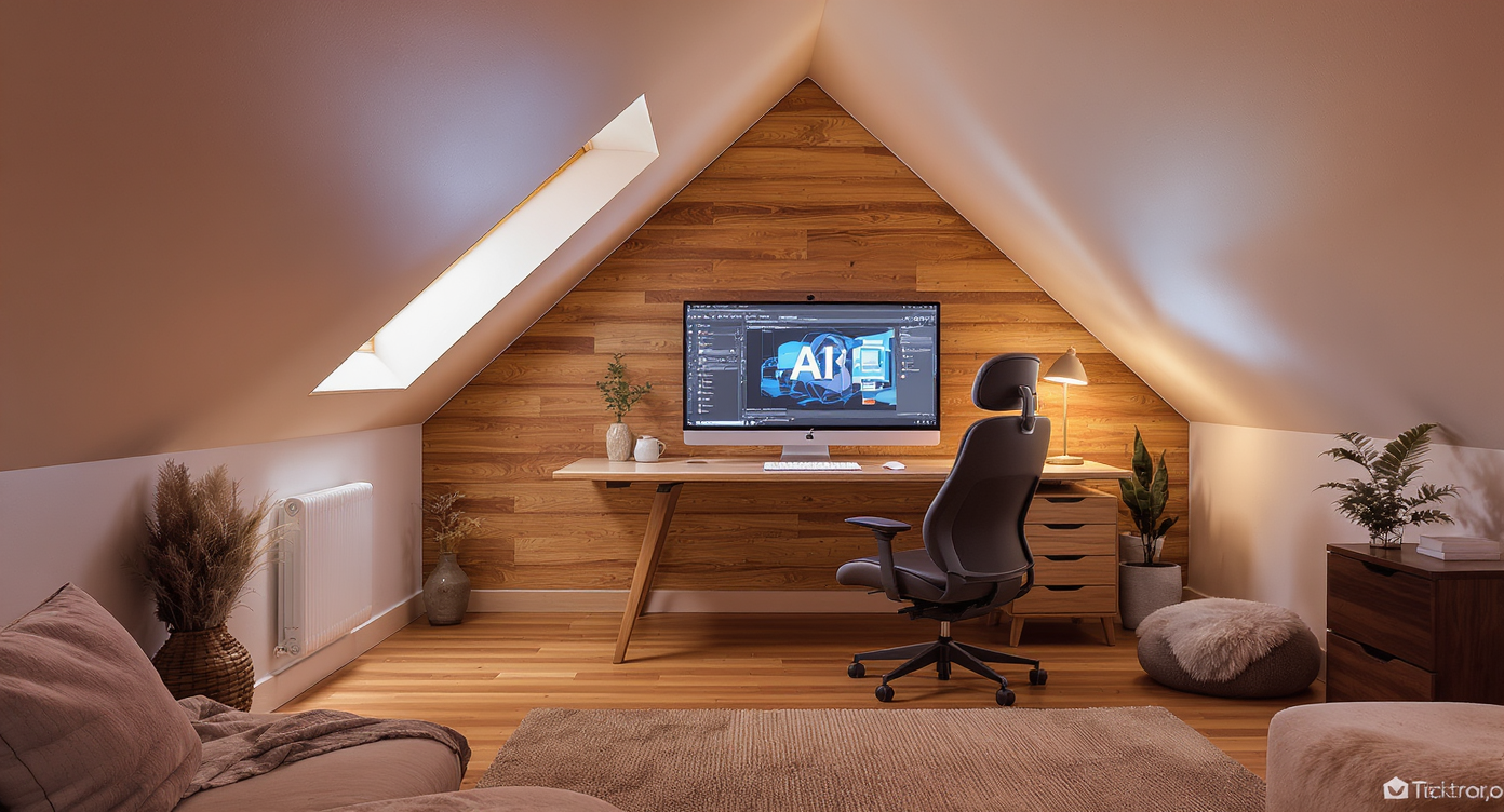 Modern attic office with angled ceiling and computer screen showing AI design tools, natural wood accents.