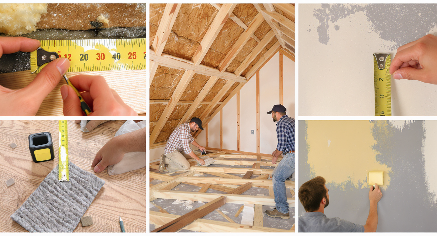 Series showing attic renovation steps: measuring, inspecting, installing drywall, and painting under natural light.