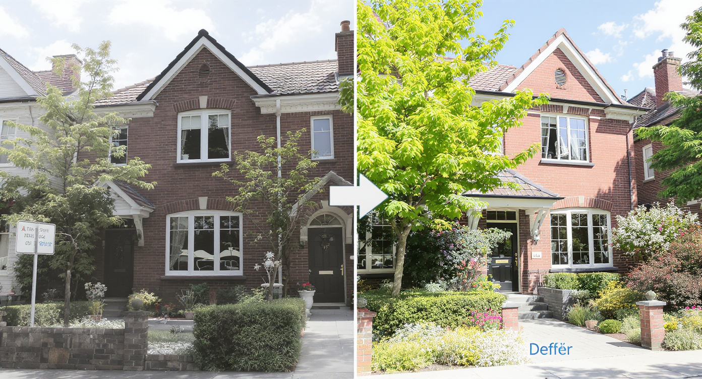 A transforming real estate exterior photo changing from pixelated to clear high-resolution, showing texture and color enhancement.