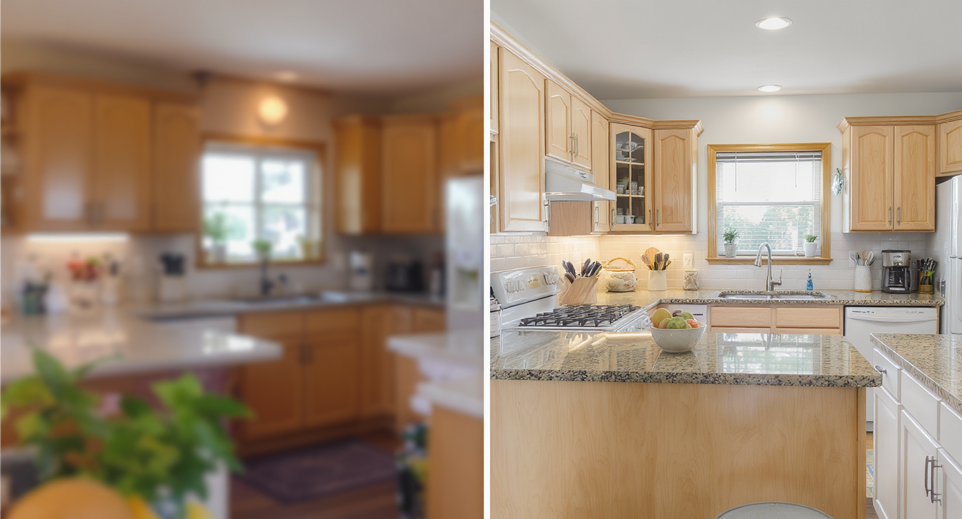 Split image showing a blurry, pixelated kitchen photo next to a sharp, high-resolution version of the same scene.