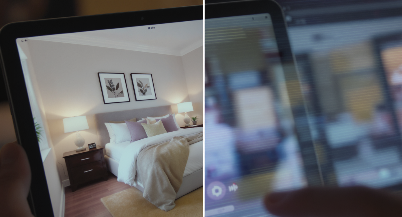 Close-up of digital tablet displaying a sharp bedroom photo next to a blurred, faded image illustrating clarity's impact.