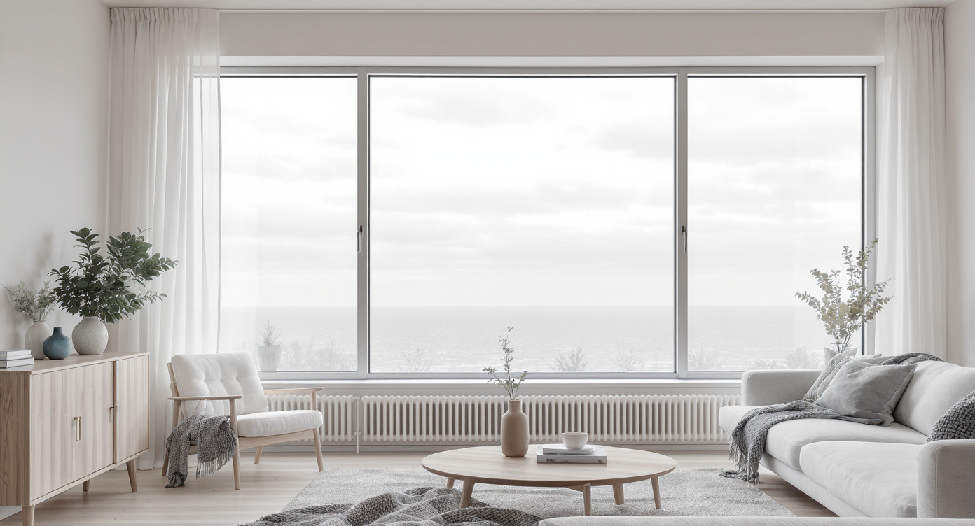 Bright interior with large windows showing a flat, overcast sky outside, highlighting uninspiring view.