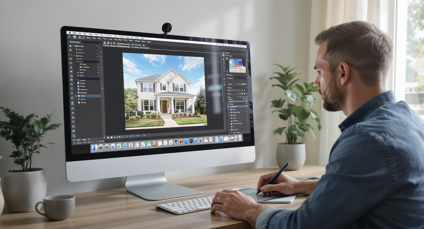 Photo editor working on sky replacement in software, adjusting realistic sky overlay on a home exterior photo.