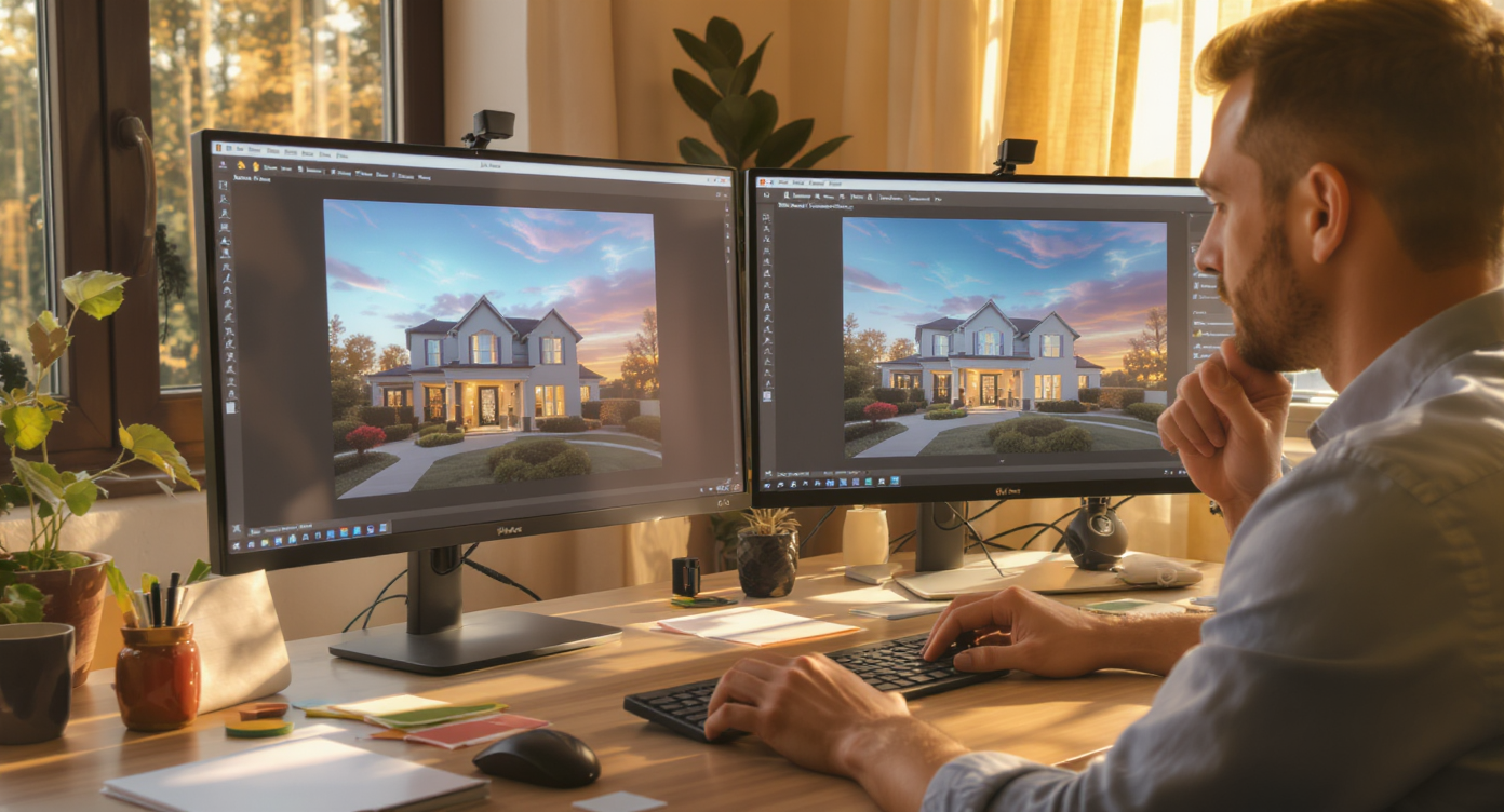 Creative workspace with dual monitors showing before-and-after sky replacements, highlighting light and color matching tips.