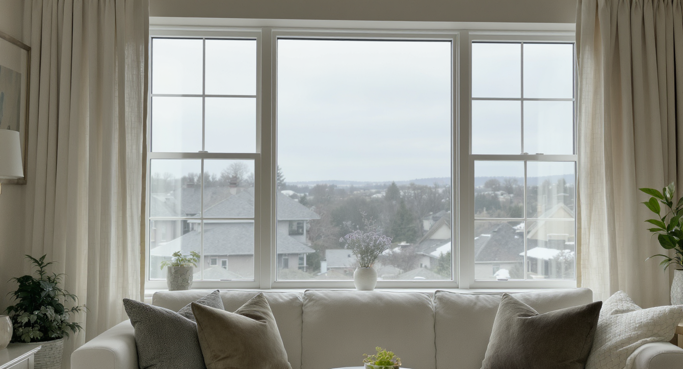Bright living room with large windows featuring a flat, dull sky and underwhelming window view in a real estate photo.