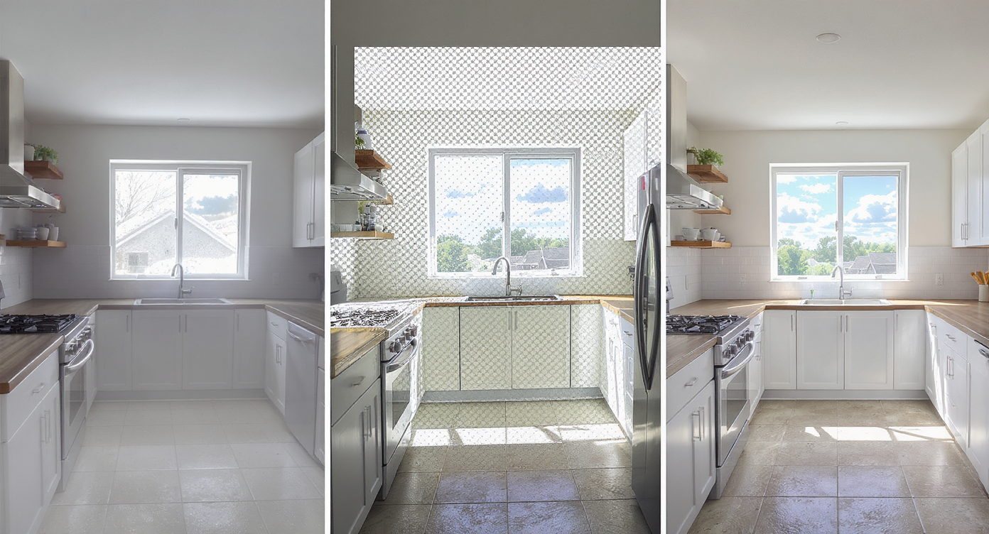 Storyboard of a sunlit kitchen photo before and after enhancement with masks and exposure corrections.