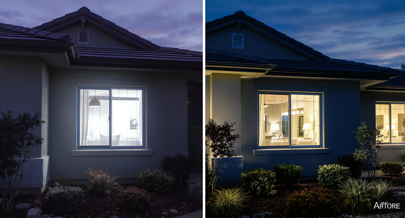 Split image of a twilight home showing blown-out windows and flat sky on one side, clear lighting and vibrant sky on the other.