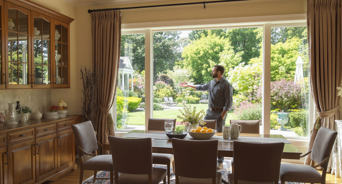 Dining room with warm wood floors, rich cabinetry tones, and bright natural window views with soft shadows.