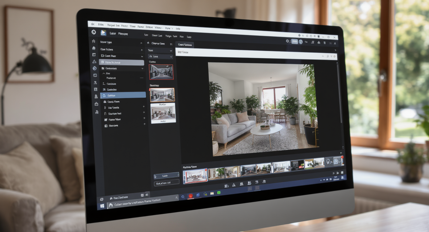 Computer screen with image enhancement software adjusting exposure and color on a cozy living room photo.