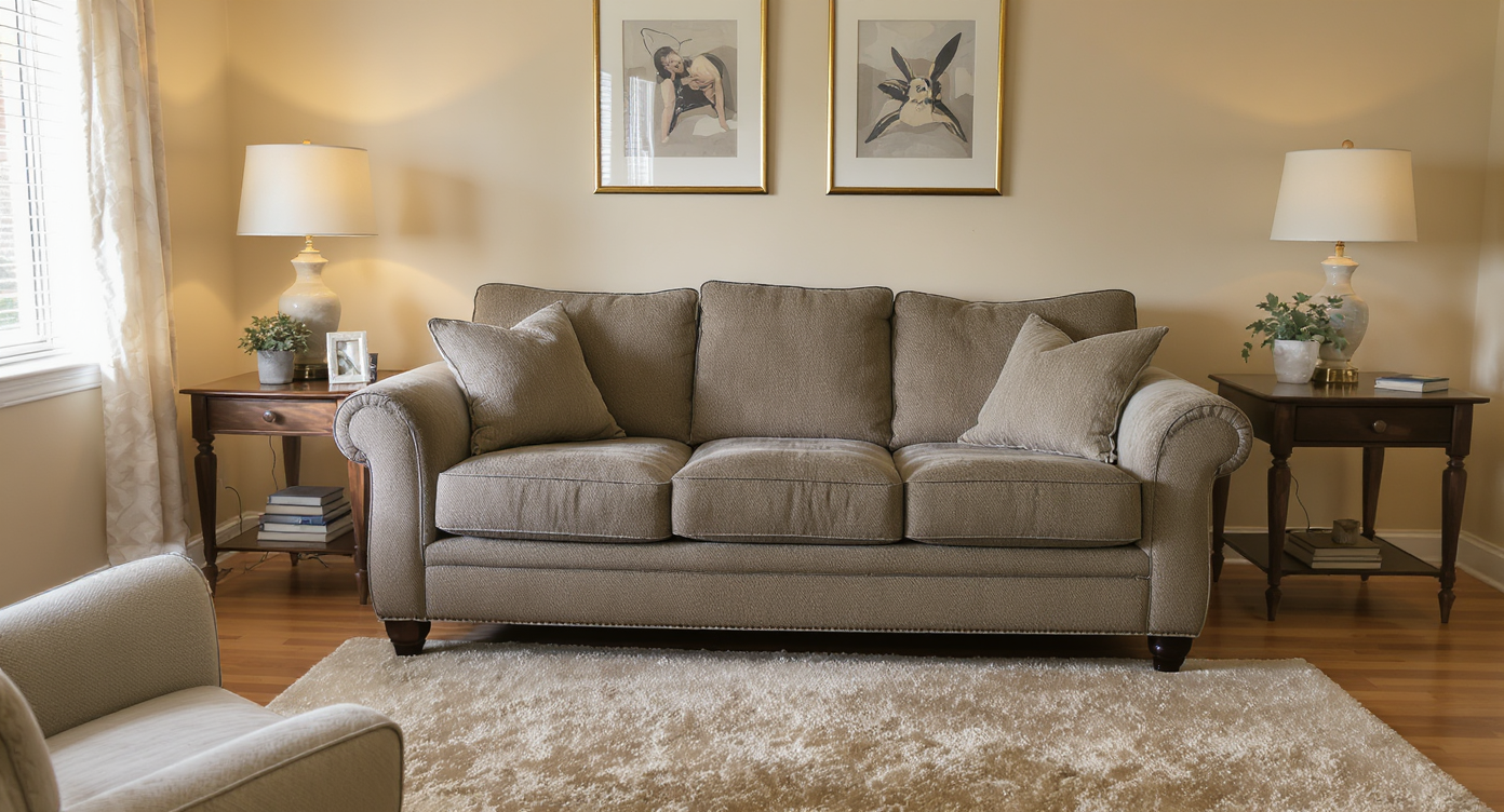 Living room with warm wood flooring and neutral decor, featuring a sofa with mismatched, outdated upholstery causing visual imbalance.