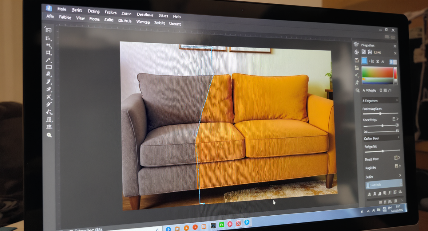 Computer screen showing digital recoloring of sofa fabric from beige to burnt orange in a living room photo using AI editing software.