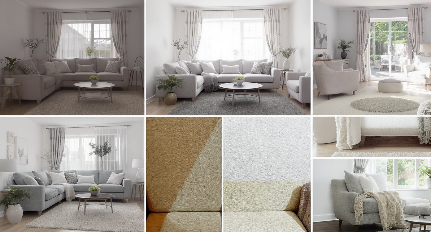 Collage showing step-by-step digital furniture facelift: original photo, fabric texture edit, shadow adjustment, final image.