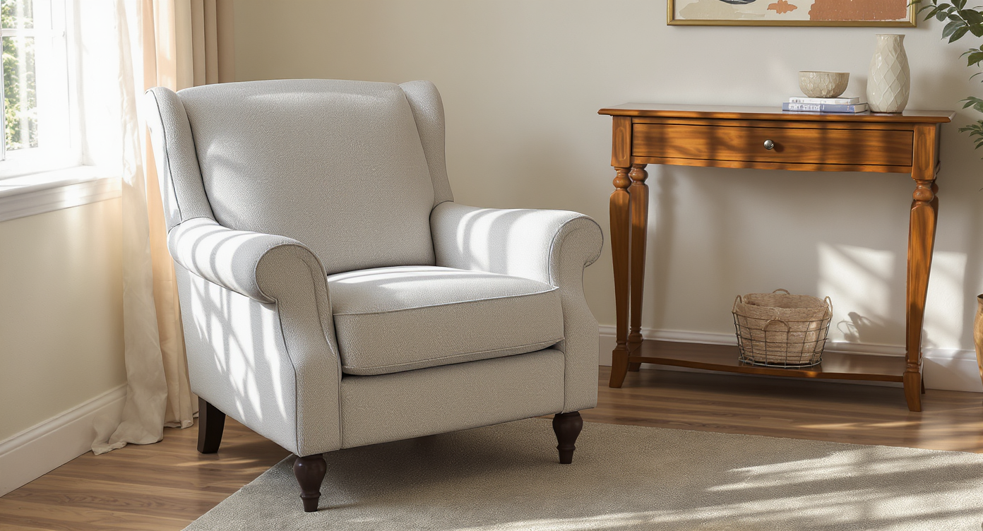 Living room corner with gray armchair reupholstered in textured pet-friendly fabric next to a polished console under natural light.