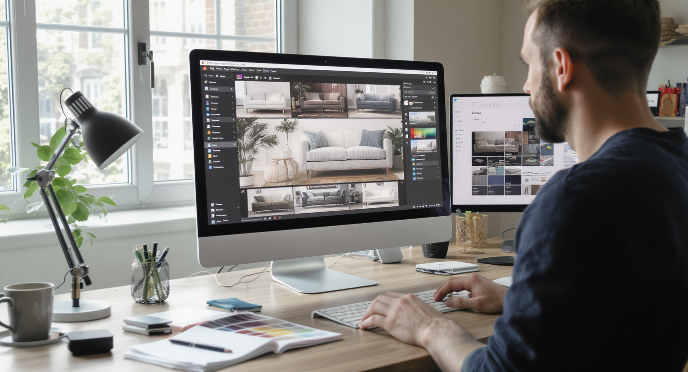Designer’s naturally lit workspace with computer showing sofa fabric options, fabric swatches, and color calibration tools.