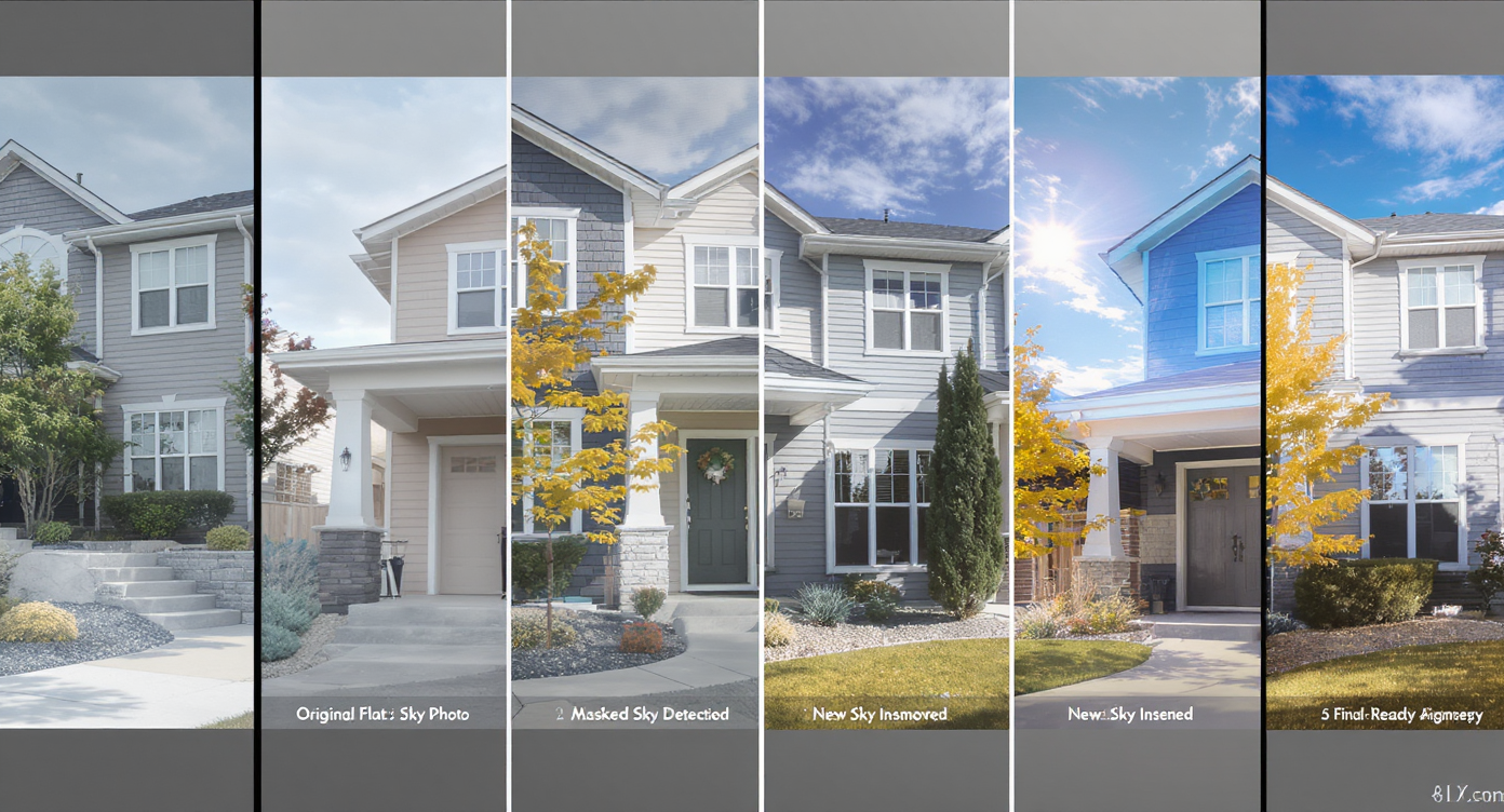 Storyboard of stepwise AI sky replacement on home exterior from original to final natural sky swap.