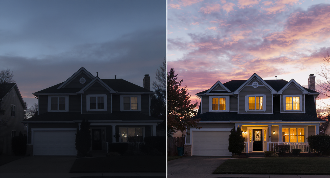 Comparison of dull sky and enhanced subtle sky over a twilight home exterior showing lighting and mood difference.