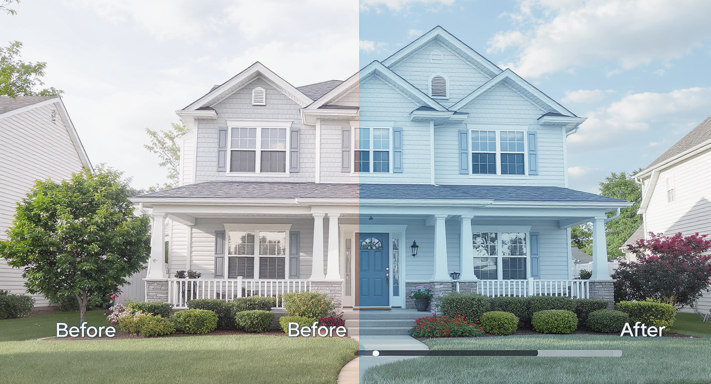 Illustration of AI masking and sky detection on a house exterior with before and after sky replacement slider.