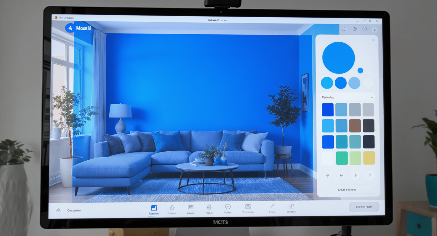 Computer screen displaying digital repainting tool with wall masking on living room photo and paint palette options