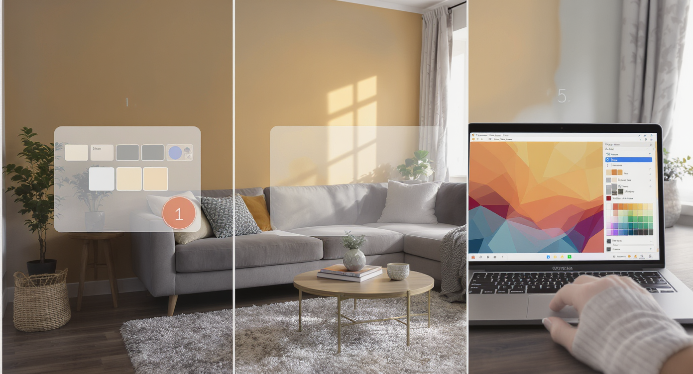Storyboard showing upload, mask, color selection, and AI preview steps for digital repaint on living room photo