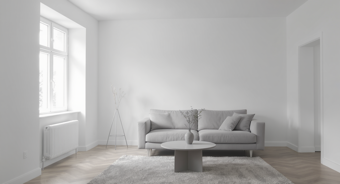 Minimalist living room with plain white walls and grey sofa appearing cold and flat without layered lighting