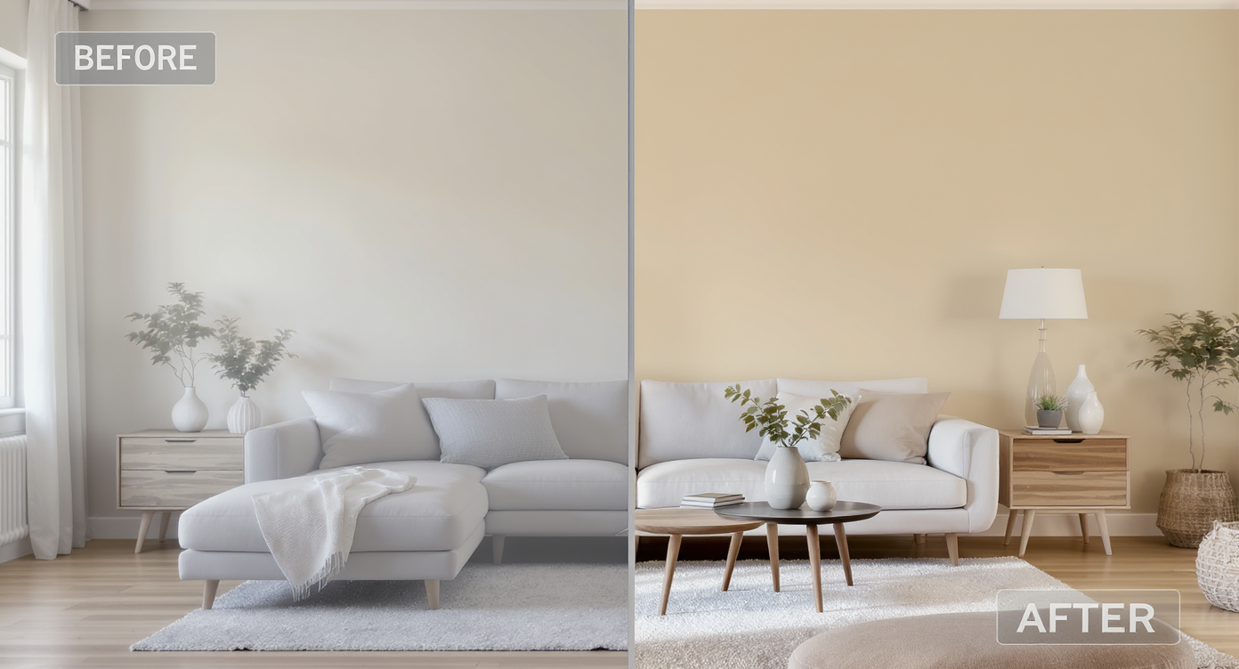 Split image showing living room before and after digital repaint with warm beige walls replacing pale walls