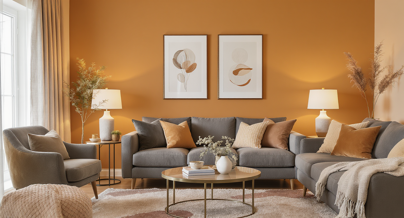 Warm caramel walls with coordinating earth-toned furniture and layered lighting create a realistic, cozy living room