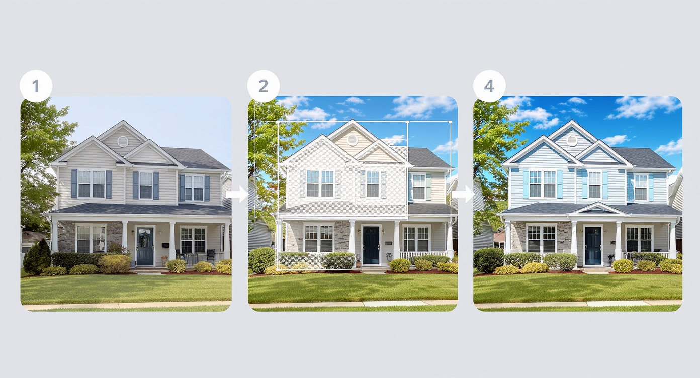 Photo sequence showing digital replacement of flat sky to vibrant sky above suburban home exterior.