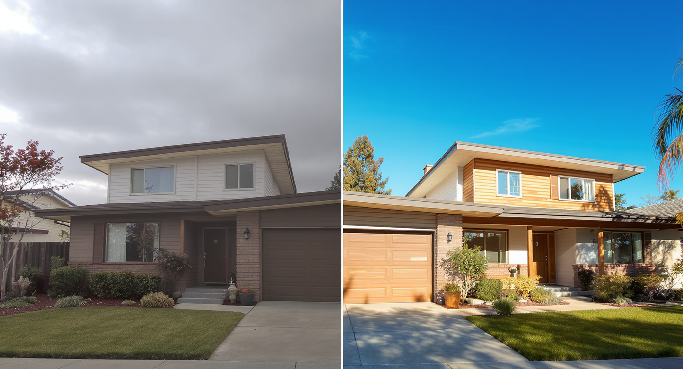 Split image of home under flat gray sky versus bright blue sky with sunlight, showing impact on visual appeal.