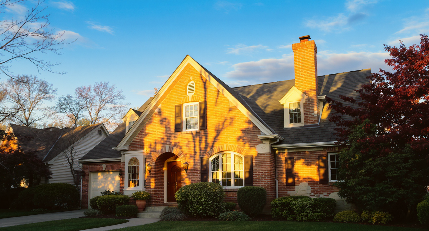 Classic home exterior under warm late afternoon sky with consistent light and shadow for realism.