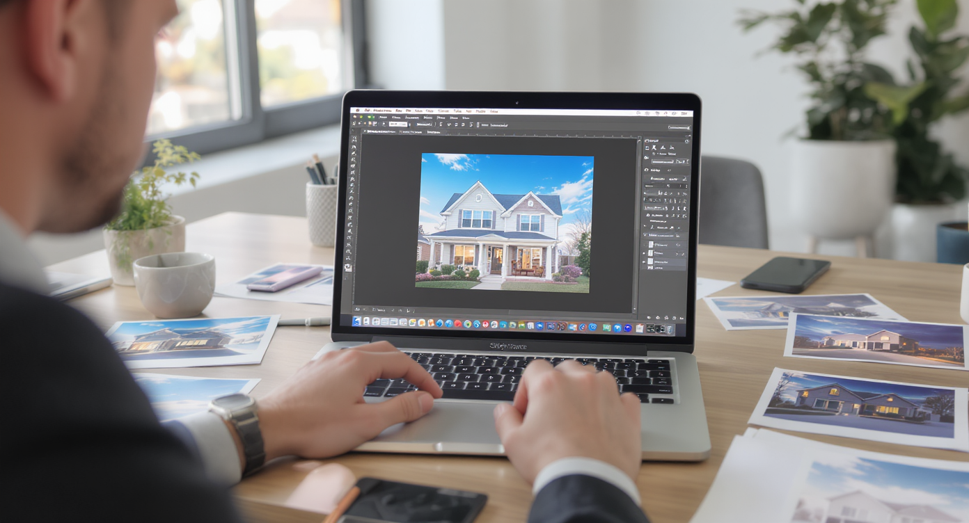 Person using photo editing software on laptop to replace sky in home exterior photos in bright office.